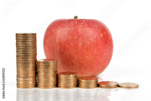 Apple and coins on white background