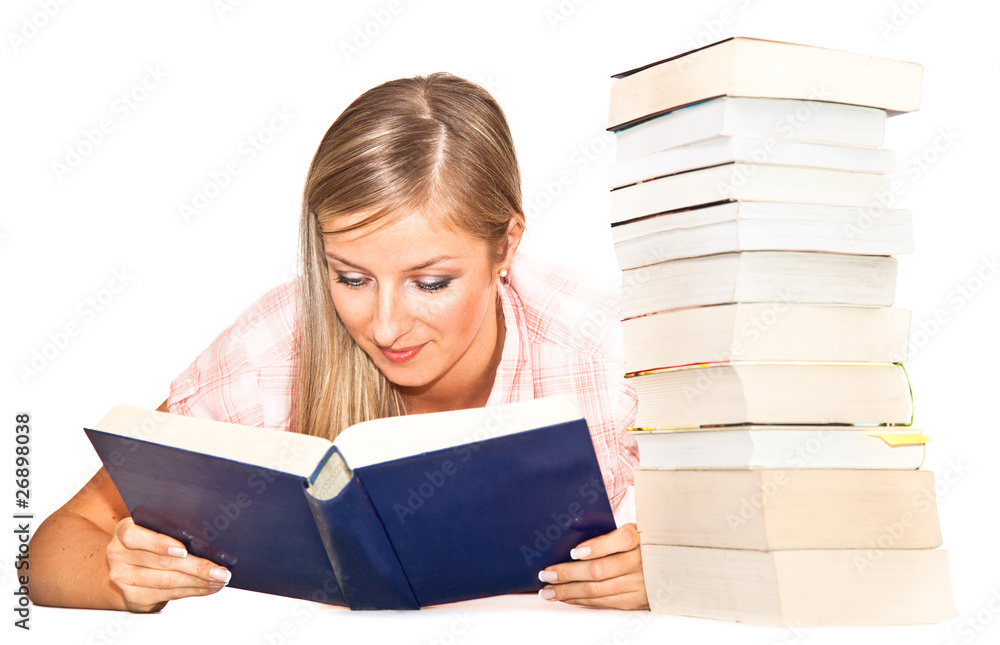 Young adult caucasian woman with books isolated on white Young adult caucasian woman with books isolated on white