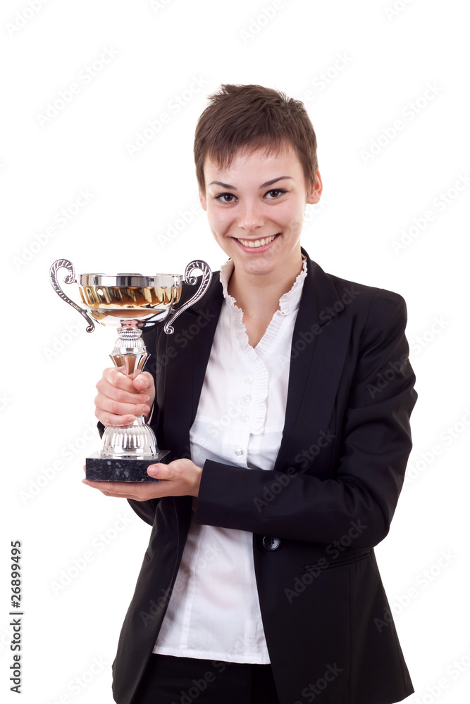 business woman holding a silver cup business woman holding a silver cup