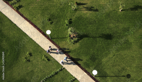 an elevated view of people walking in the garden