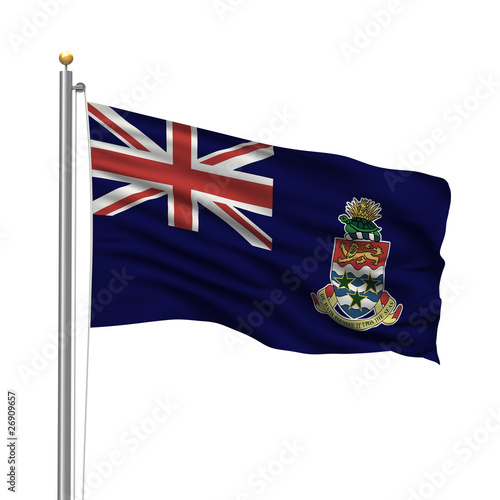 Flag of the Cayman Islands waving in the wind over white photo