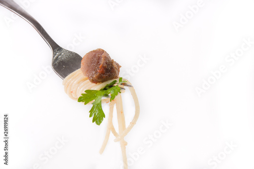 spaghetti, meat and parsley on fork close up shoot