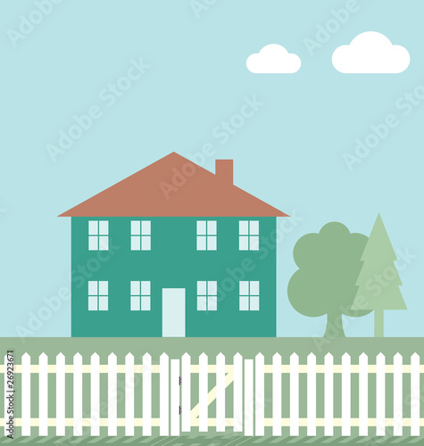 Residential home with white picket fence and gate