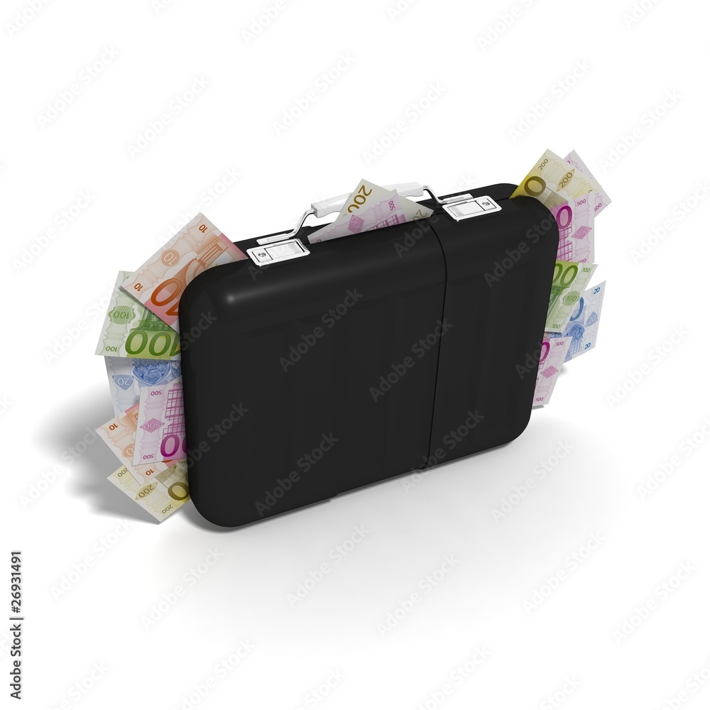 valise remplie de billets de banque sur fond blanc