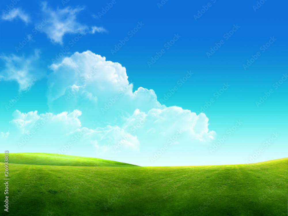 Obraz premium beautiful landscape, green grass, blue sky .