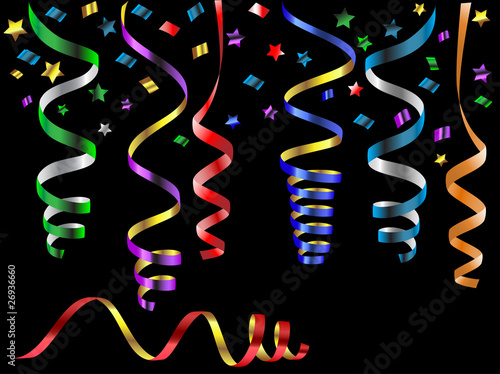 Vector image of the shiny party streamers (serpentine) of different colors isolated on the black background.