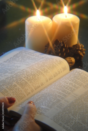 Student Studying Bible Scriptures Candlelight