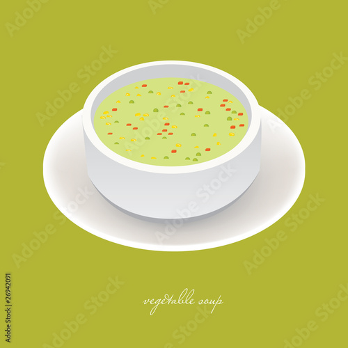 vegetable soup in white bowl with green background