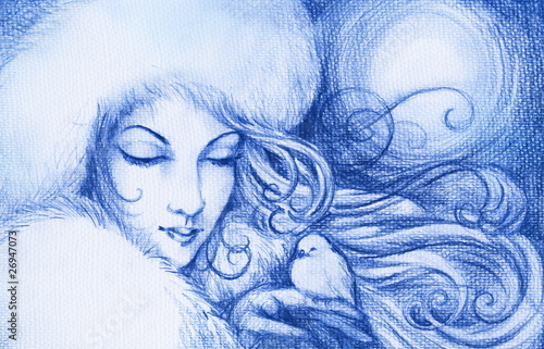 Fototapeta Naklejka Na Ścianę i Meble -  Winter-woman holding in hand a small bird.