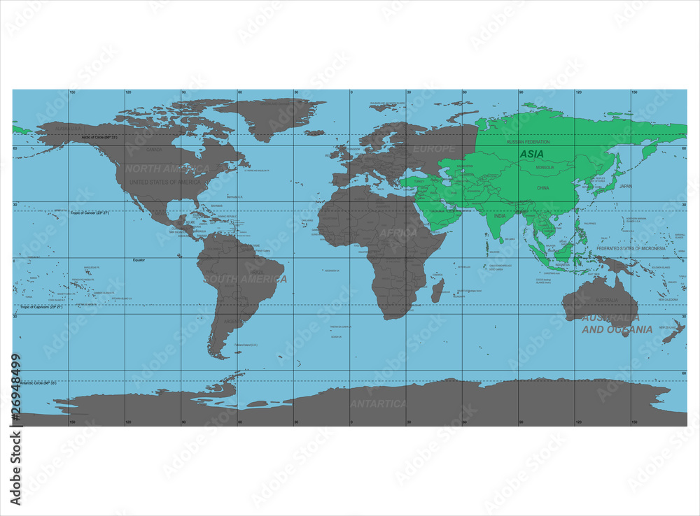 Detailed World Map with Names of Continent and Countries, vector