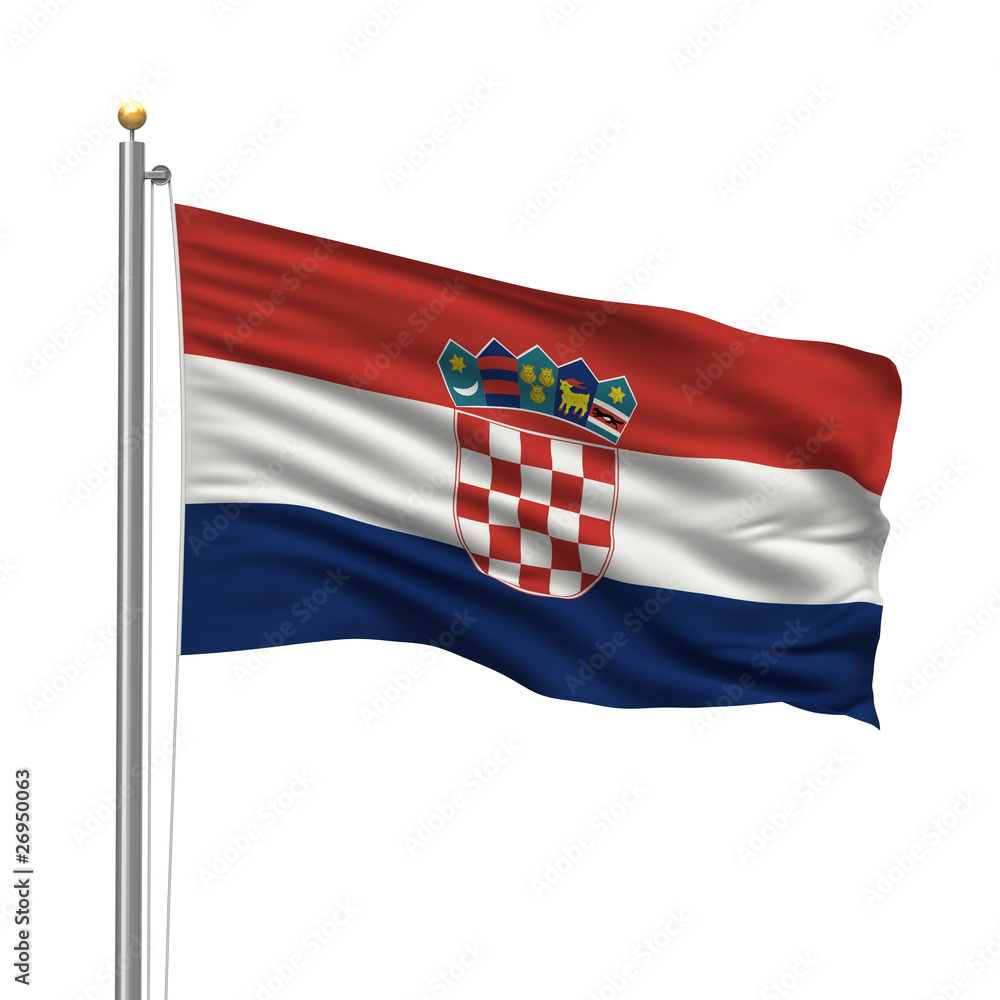 Naklejka premium Flag of Croatia waving in the wind in front of white background