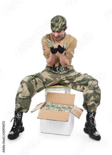 The guy in a camouflage and with a box of money photo