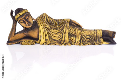 Teak wood lying buddha on white background.