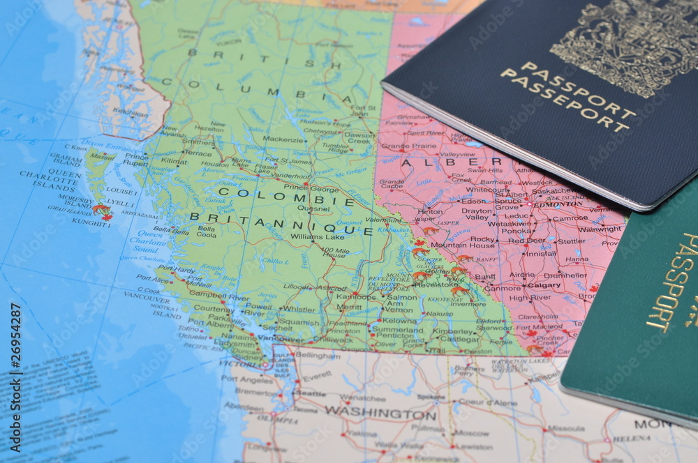 Canada passport with business travel on the map Canada passport with business travel on the map
