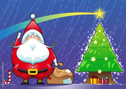 Santa Claus with Christmas tree. Vector scene. Isolated objects