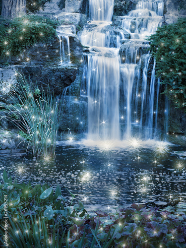 Magic night waterfall scene
