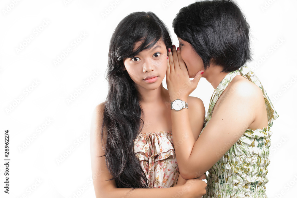 two happy young girlfriends talking over white two happy young girlfriends talking over white