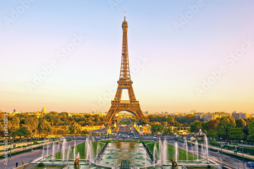 View of Eiffel Tower at sunset in Paris, France