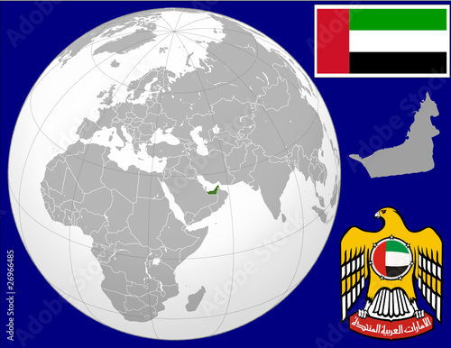 United arab emirates globe map locator world flag coat