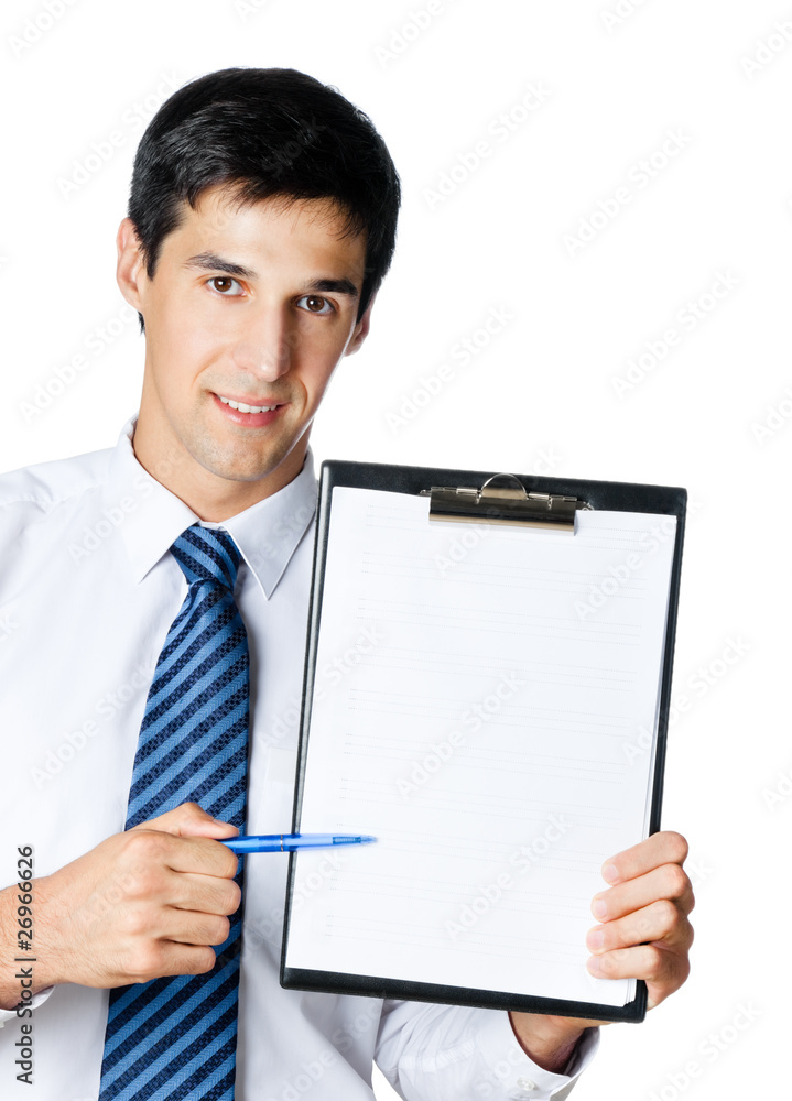 Businessman showing clipboard, isolated on white Businessman showing clipboard, isolated on white