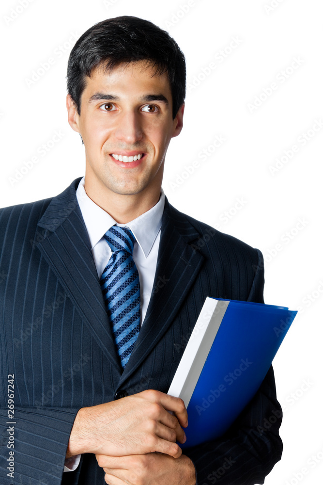Smiling businessman with blue folder, isolated on white Smiling businessman with blue folder, isolated on white