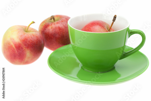 cup, saucer and apples isolated on white