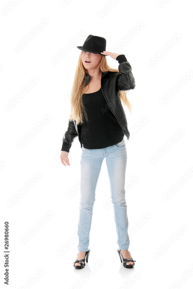 Young female dancer in black hat Young female dancer in black hat