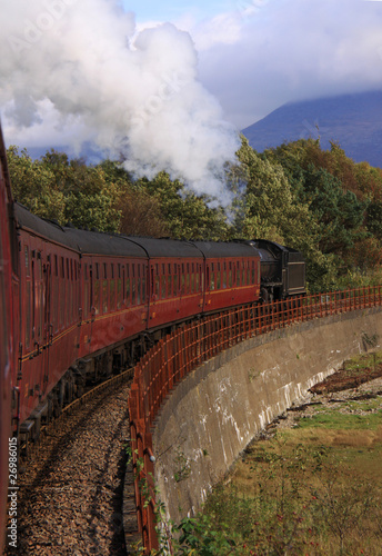 Steam train travelling towards Ben Nevis, Scotland