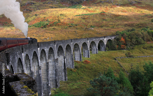 Steam train travelling across the Glenfinnan Viaduct, Scotland