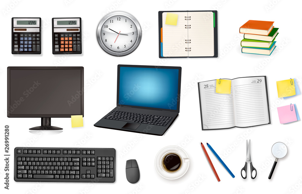Computer and office supplies. Vector. Computer and office supplies. Vector.