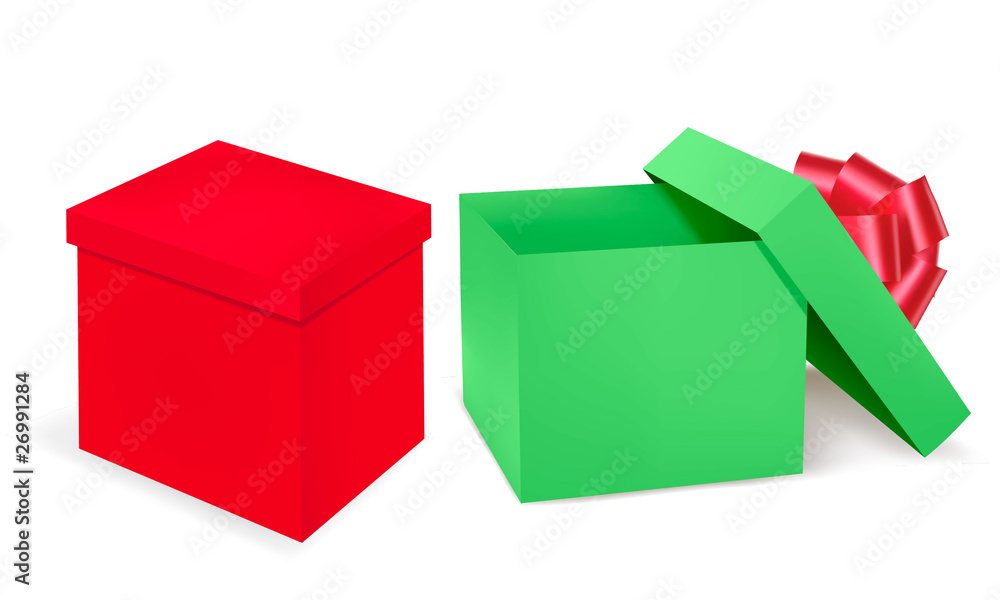 Red and green gift boxes with red ribbon. Vector Red and green gift boxes with red ribbon. Vector
