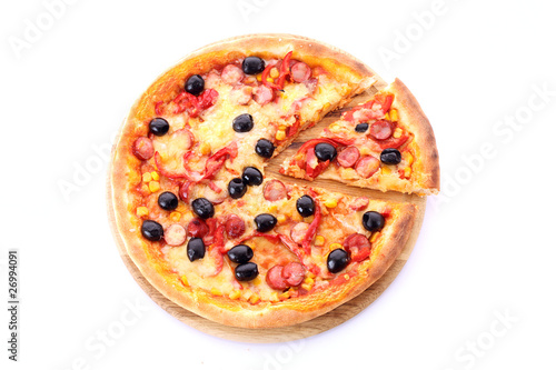 Pizza with olives on wooden plate isolated on white.