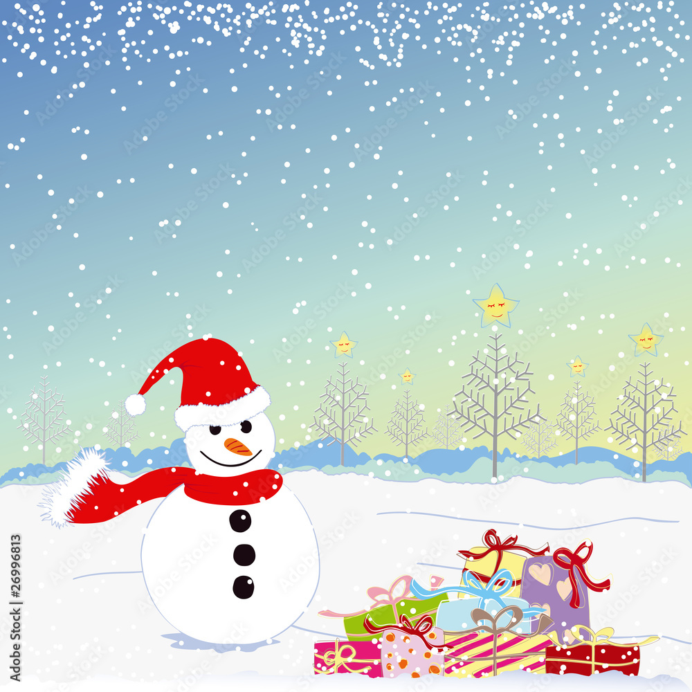 Christmas greeting snowman with colorful present