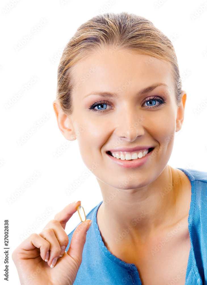 Woman with Omega 3 fish oil capsule, isolated on white Woman with Omega 3 fish oil capsule, isolated on white