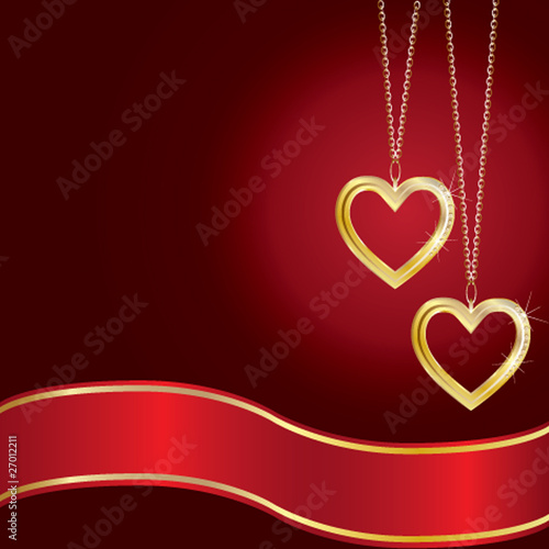 Golden hearts on a red background with red ribbon