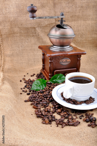 vintage coffee grinder and coffe plant in granules