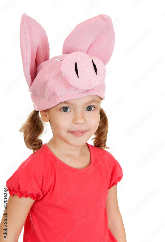 Little girl in hat cheerful pig. Little girl in hat cheerful pig.