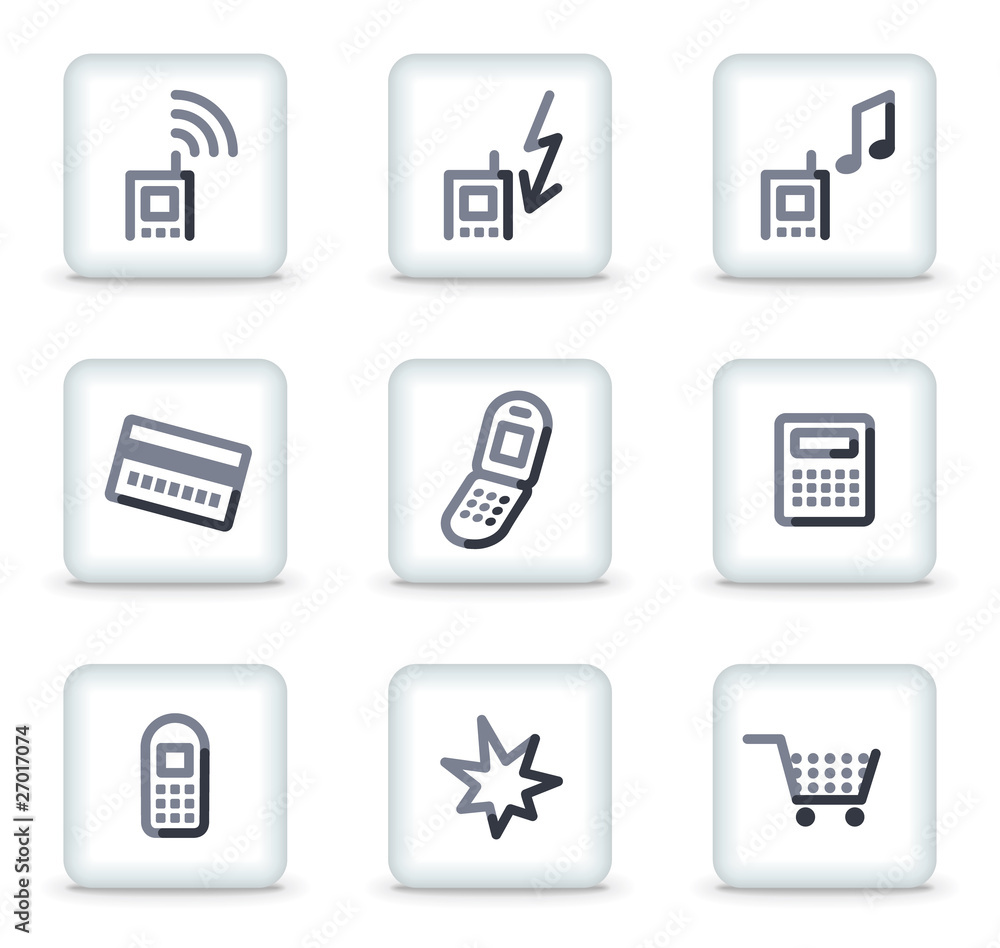 Mobile phone icons set 1, white square glossy buttons Mobile phone icons set 1, white square glossy buttons