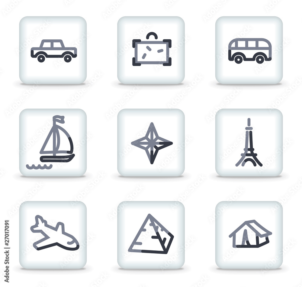 Travel icons set 2, white square glossy buttons Travel icons set 2, white square glossy buttons