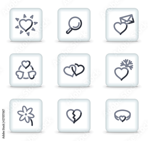 Love icons, white square glossy buttons