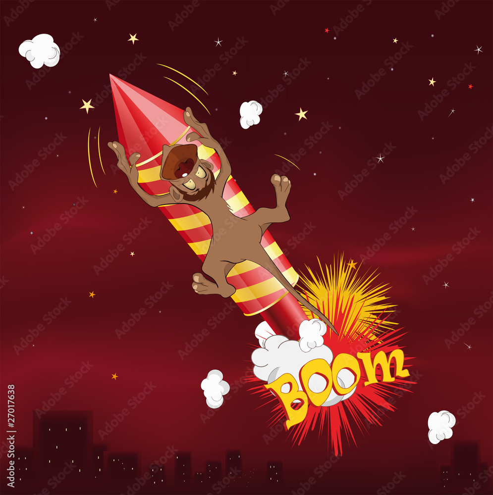 Fototapeta premium Monkey flying on fireworks
