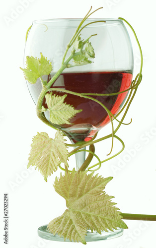 red wine with grape leave