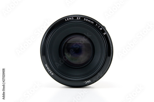 A 50mm camera lens isolated on white.