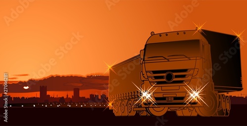 Vector semi-truck at sunset