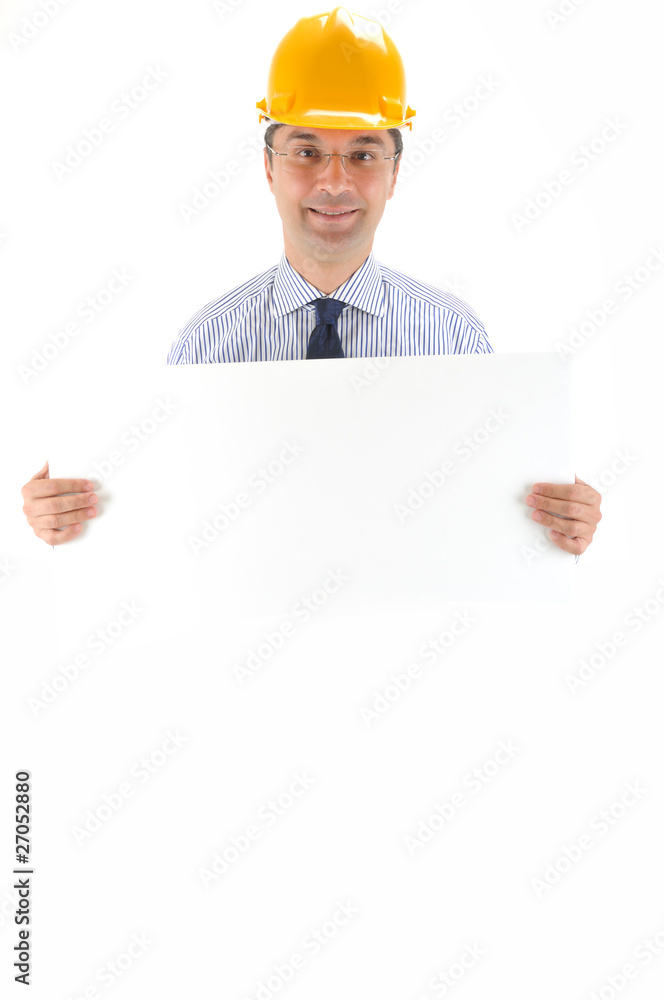 Engineer holding a blank signboard to write whatever you want