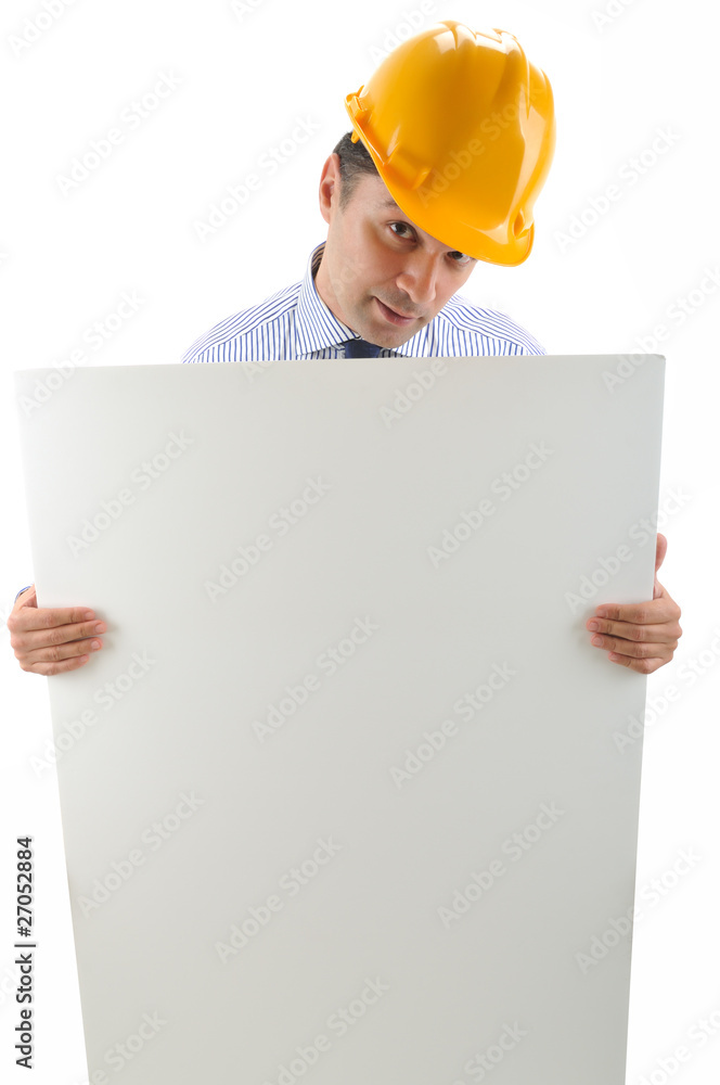 Engineer holding a blank signboard to write whatever you want Engineer holding a blank signboard to write whatever you want