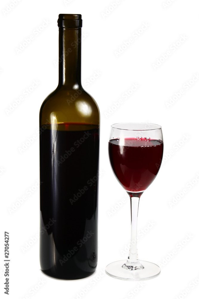 bottle with red wine and glass