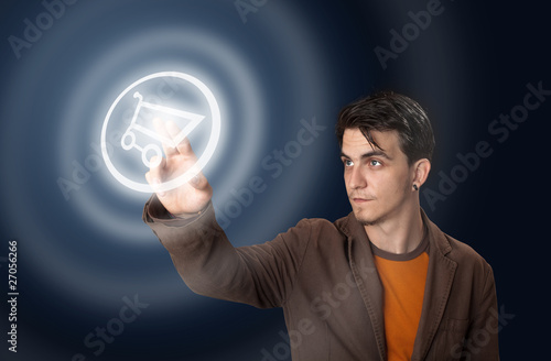 man pressing a touchscreen button