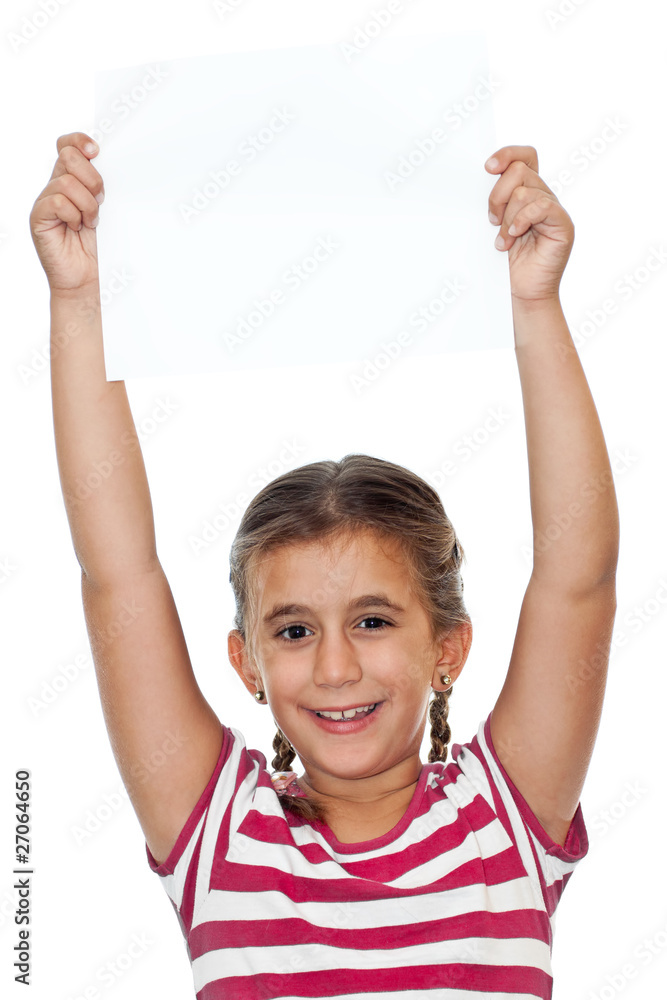 Girl holding a paper with copyspace on a white background