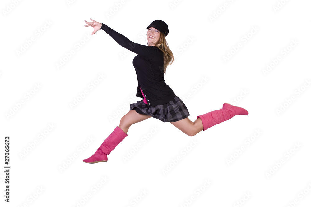 Young  fashion model jumping in mid air